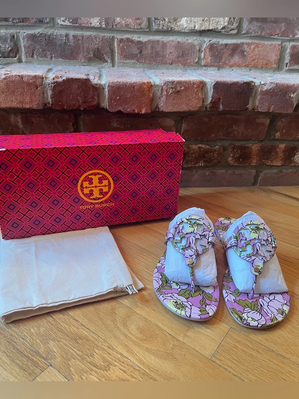Tory Burch Lavender Purple Floral Printed Patent Leather Miller Sandals